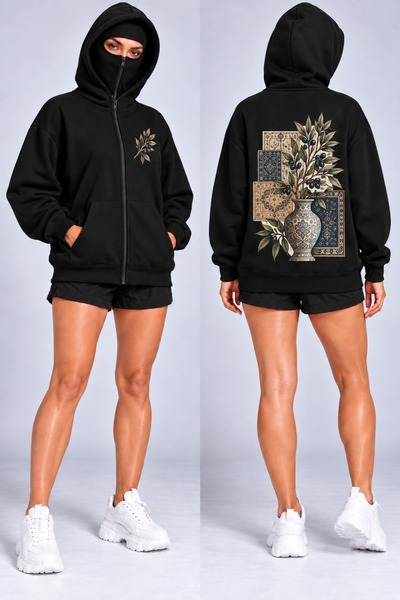 HAI COLLECTİON Black Oversized Zip-Up Hooded Cardigan with Olive Branch Tile ...