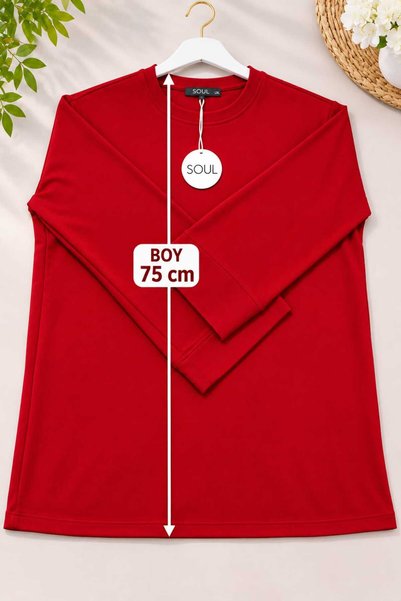 Soul Tunik Tesettür Tunik Uzun Kollu Bluz Yumuşak Dokulu Sade Basıc Model Kırmızı