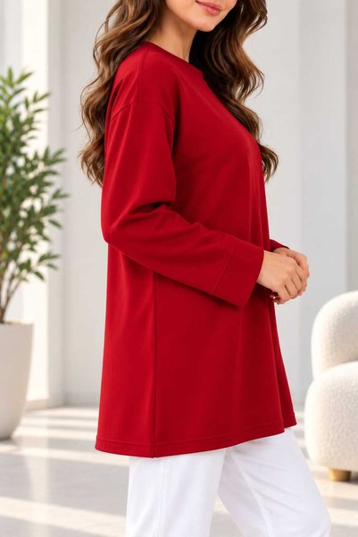Soul Tunik Tesettür Tunik Uzun Kollu Bluz Yumuşak Dokulu Sade Basıc Model Kırmızı