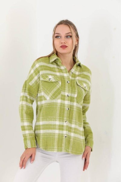 Polologin Butik Women's Pistachio Green Plaid Jacket-Style Shirt – Double-Poc...