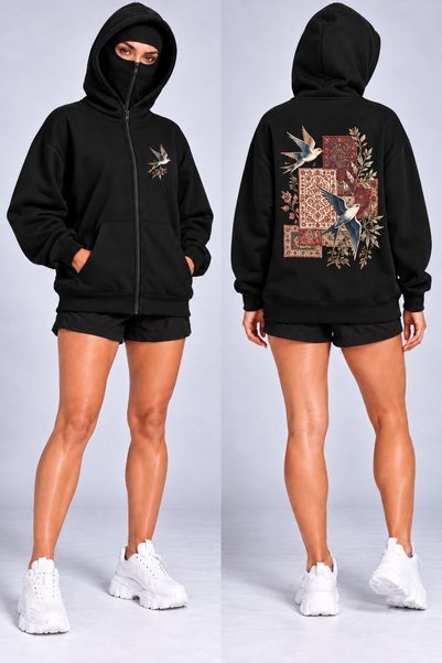HAI COLLECTİON Black Oversized Zipper Cardigan with Bird and Rug Patterns—Uni...