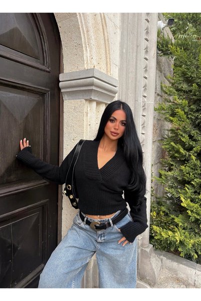 kırmızı butiks Pulover cu două rânduri de nasturi, cropt, din tricot