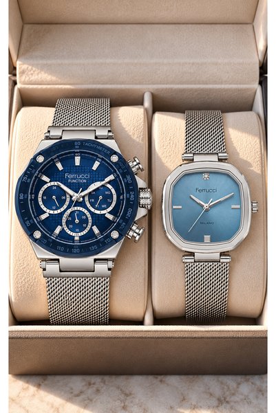 Ferrucci NAVY BLUE DIAL, SILVER WOVEN STEEL STRAP, COUPLE'S WATCHES + BRACELET