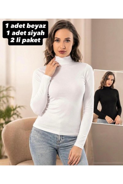 Kadın 2'li Paket Balıkçı Yaka Uzun Kollu Pamuklu Likralı T-Shirt Seti Siyah Beyaz Esnek Rahat Düz Basic Badili Tişört