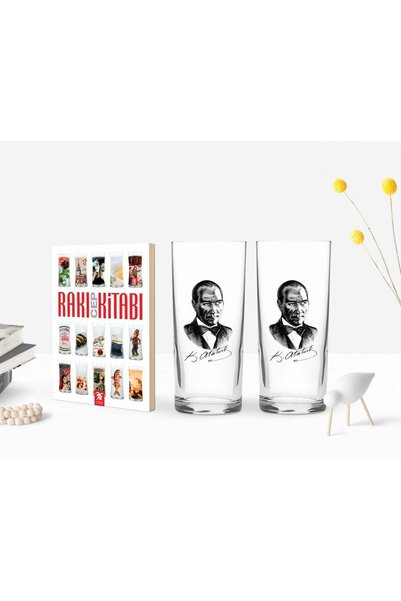Bk Gift BK Home Colorful Printed Atatürk-Themed Pair of Raki Glasses and Raki...