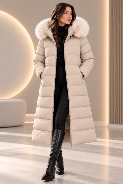 Modayıldızlar Palton lung cu glugă din blană