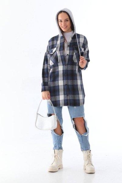Polologin Butik Women's Blue-Navy Plaid Shirt Jacket – Gray Hooded Oversized ...