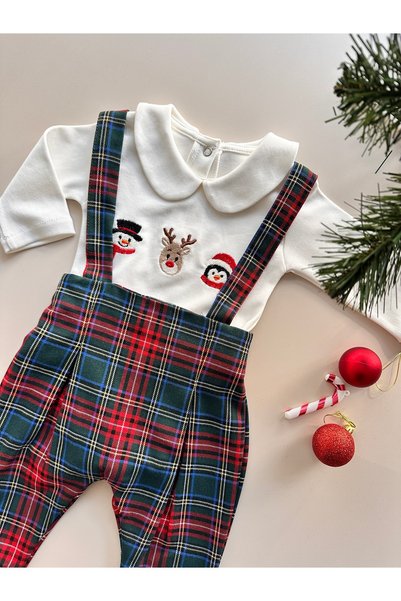 Mama Miel Baby New Year's Plaid Dungarees and "Winter Friends" Embroidered Ba...