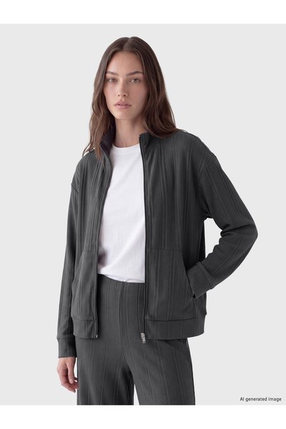 LC Waikiki Nevavm Farkıyla Lcw Everyday Gray Striped Oversize Women's Zippere...