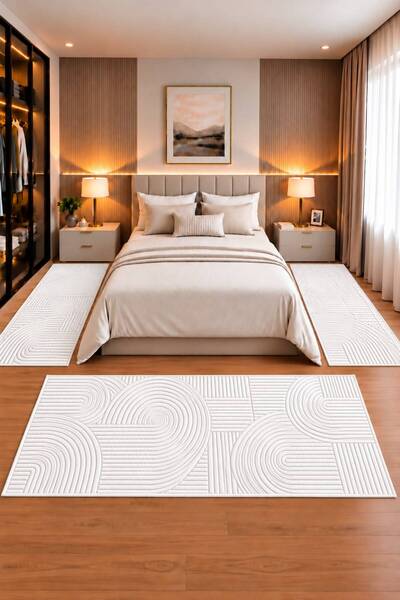 STY Home Beyaz Welsoft Halı 3'lü Yatak Odası Halısı Yolluk Takımı 80x150 2 Adet 80x300 1 Adet42
