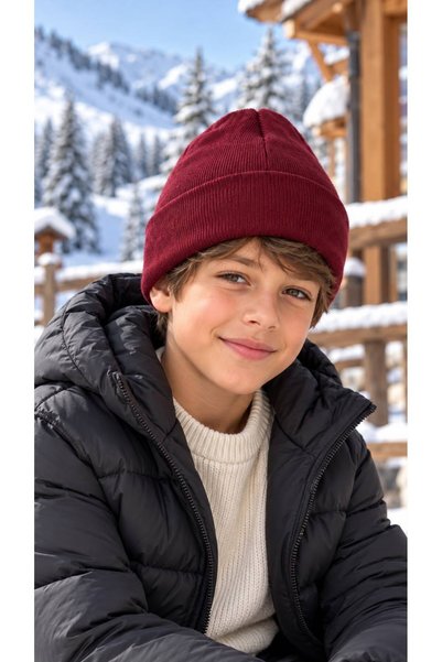 FELLMENS Burgundy Soft-Textured Knit Boy's Beanie, Ages 7–12