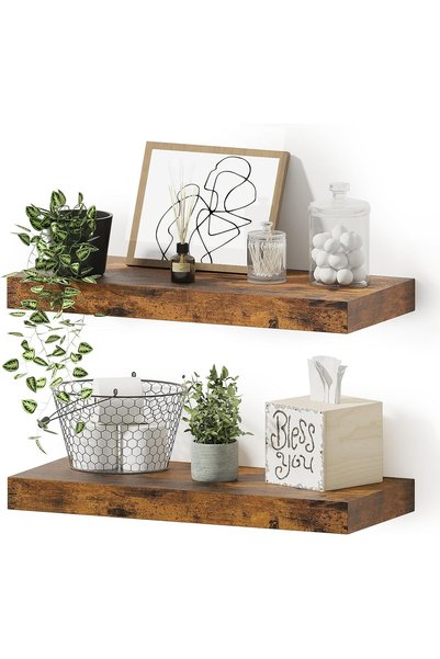 KASTWAVE Rustic Brown Floating Wall Shelves Set of 2 – Extra Thick & Deep Kit...