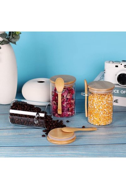 GENERAL SKY-TOUCH 3Pcs Glass Jars with Bamboo Lids & Spoons : 550ml Airtight ...