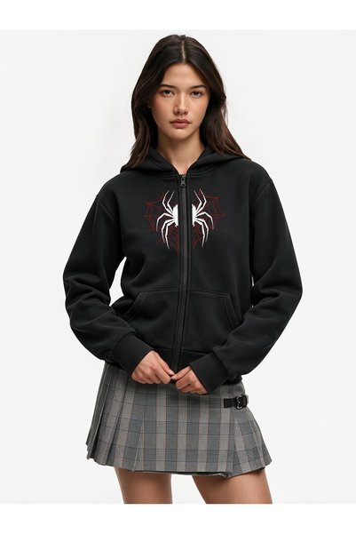 ZAVEN Kadın Kırmızı Gotik Tribal Kanat Baskılı Fermuarlı Siyah Oversize Kapüşonlu Sweatshirt Hoodie