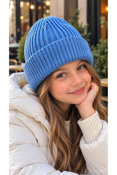 FELLMENS Blue Soft-Textured Corded Fabric Knit Girls' Beanie, Ages 7–12