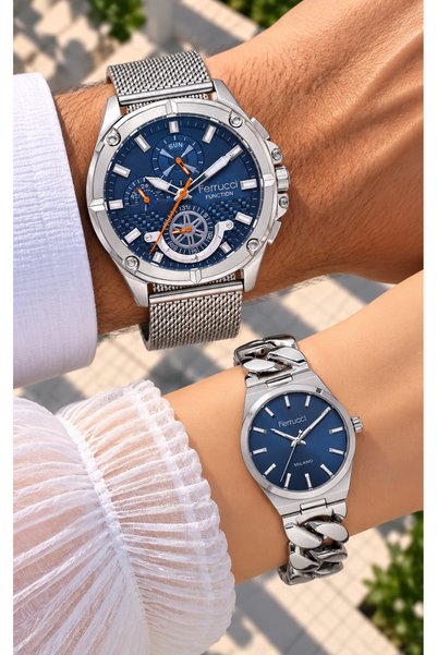 Ferrucci BLUE DIAL, SILVER WOVEN STEEL STRAP, COUPLE'S WATCHES + BRACELET