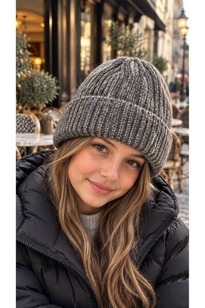 FELLMENS Anthracite Soft-Textured Corded Fabric Knit Girls' Beanie, Ages 7–12