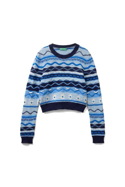 Benetton Pulover scurt din tricot jacquard, albastru, L-XL