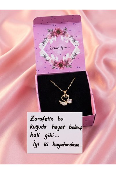 Pembe Zirkon taşlı kuğulu gold kolye sevgiliye hediye özel kutulu