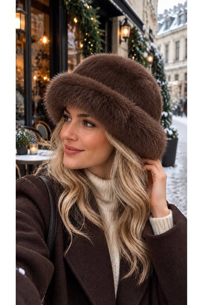 HAZAL KAYA ATELIER Coffee Soft Textured Plush Kalpak Women's Hat