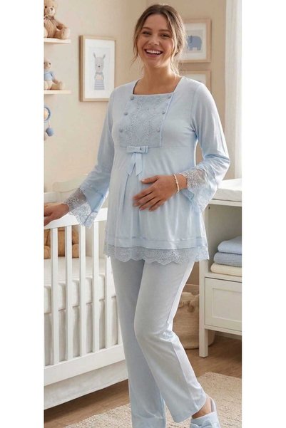 Mecit Pijama Maternity Pajama Set, Blue, Light Blue, S