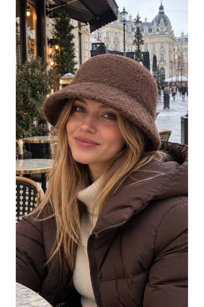 HAZAL KAYA ATELIER Coffee Lux Soft-Textured Felt Bucket Hat for Women