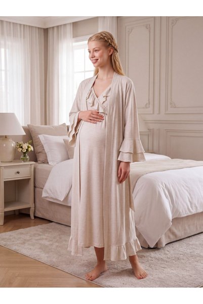Lohussa New Season Beige Ruffled Long-Sleeve Full-Length Winter Special-Desig...