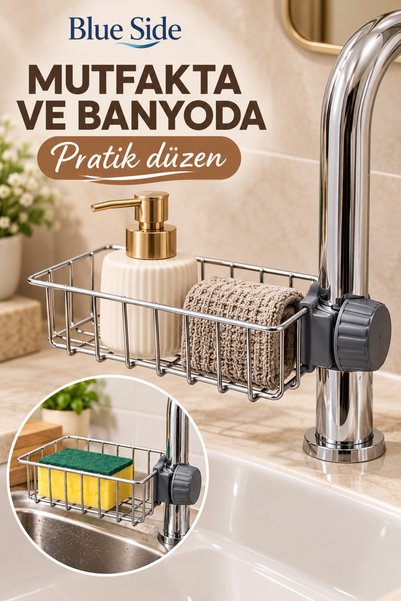 BLUE SİDE 1 Adet Portatif Musluğa Takılan Metal Süngerlik ve Deterjanlık Portatif Mutfak Banyo Lavabo Düzenleyici 17 x 10 cm
