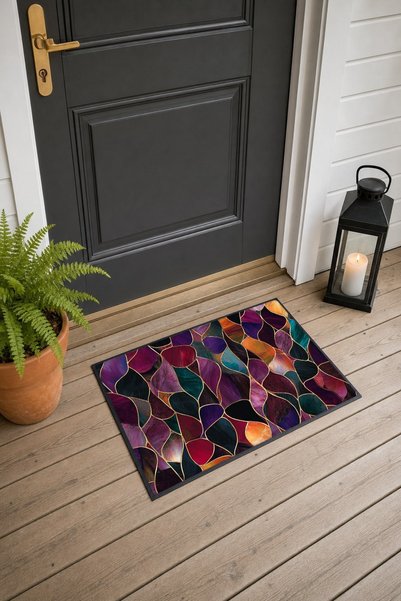 PaintedAnarchy Purple Gold Waves Patterned Doormat, 40x60 cm, with Non-Slip S...
