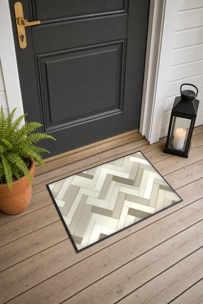 PaintedAnarchy Beige-Gray Herringbone Patterned Doormat, 40x60 cm, with Non-S...