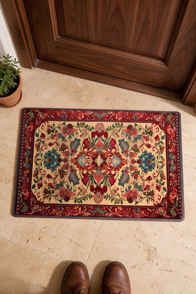 PaintedAnarchy Burgundy and Beige Floral Print "Saray" Turkish Rug-Patterned ...