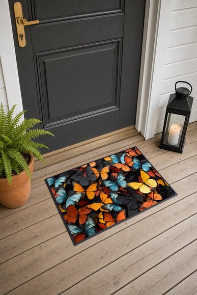 PaintedAnarchy Orange and Blue Butterfly-Patterned 537 Doormat, 40x60 cm, wit...