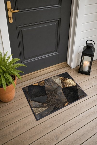 PaintedAnarchy Black and Bronze Textured Geometric Patterned Doormat, 40x60 c...