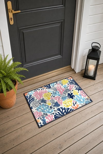 PaintedAnarchy Pastel Pink and Yellow Coral Silhouette-Patterned Doormat, 40x...