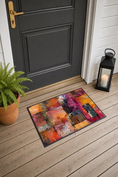 PaintedAnarchy Burgundy and Orange Distressed Patchwork-Patterned Doormat, 40...