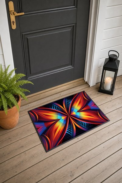 PaintedAnarchy Ateş Blue Wavy-Patterned Doormat, 40x60 cm, with Non-Slip Sole...