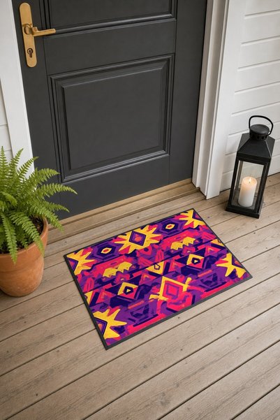 PaintedAnarchy Purple and Yellow Aztec-Patterned Doormat, 40x60 cm, with Non-...