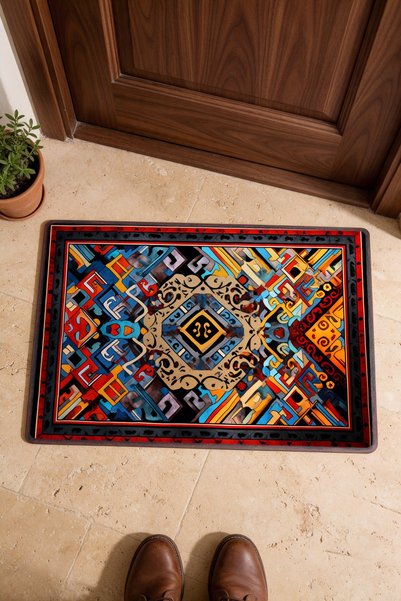 PaintedAnarchy Red and Blue Abstract Patterned Turkish Rug-Patterned Doormat,...