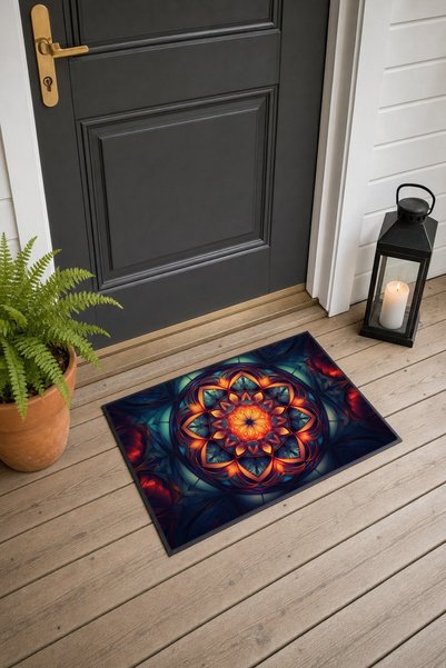 PaintedAnarchy Orange and Blue Mandala-Patterned 963 Doormat, 40x60 cm, with ...