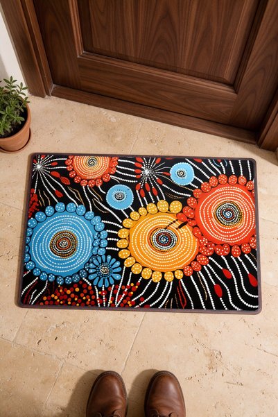 PaintedAnarchy Blue and Orange Floral Print Doormat, 40x60 cm, with Non-Slip ...