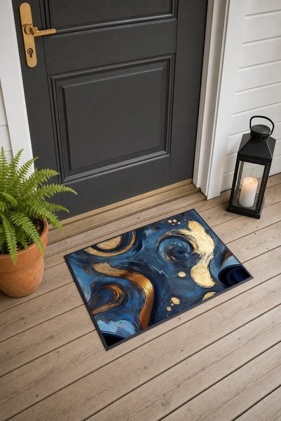PaintedAnarchy Navy Blue and Gold Spiral Swirl Pattern Doormat, 40x60 cm, wit...
