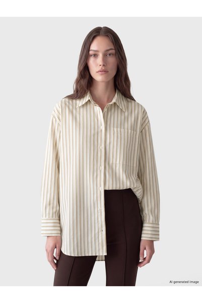 LC Waikiki Özmarka New Season Ecru Striped Poplin Women's Shirt-Tunic