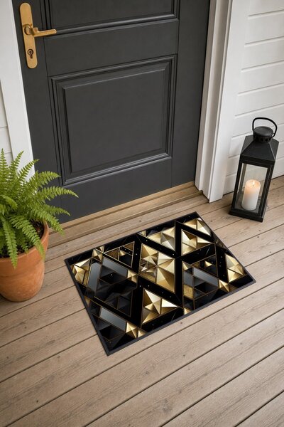 PaintedAnarchy Black Gold Geometric Patterned 011 Doormat, 40x60 cm, Non-Slip...
