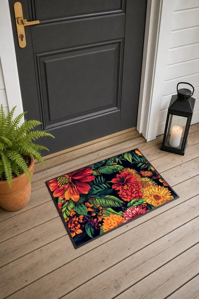 PaintedAnarchy Red and Orange Dahlia-Floral Print Doormat, 40x60 cm, with Non...