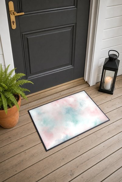 PaintedAnarchy Pink and Aqua Batik Print Doormat, 40x60 cm, with Non-Slip Sol...