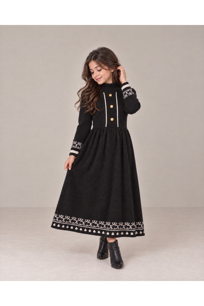 TOP CLOTHE فستان بناتي شتوي طويل صوف تريكو بياقة عالية وأكمام طويلة، فستان أط...