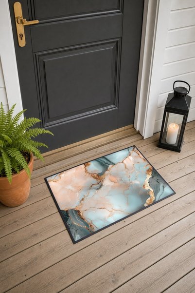 PaintedAnarchy Mint Peach-Marble Patterned Doormat, 40x60 cm, with Non-Slip S...