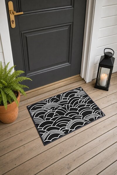 PaintedAnarchy Black and White Japanese Seigaiha Wave-Patterned Doormat, 40x6...