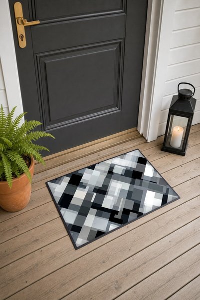 PaintedAnarchy Black, White, and Gray Pixelated Checked Pattern Doormat, 40x6...
