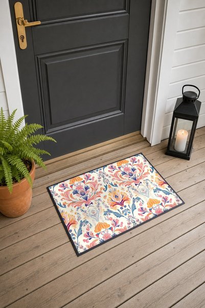 PaintedAnarchy Cream-Pink Damask Floral Print Doormat, 40x60 cm, with Non-Sli...